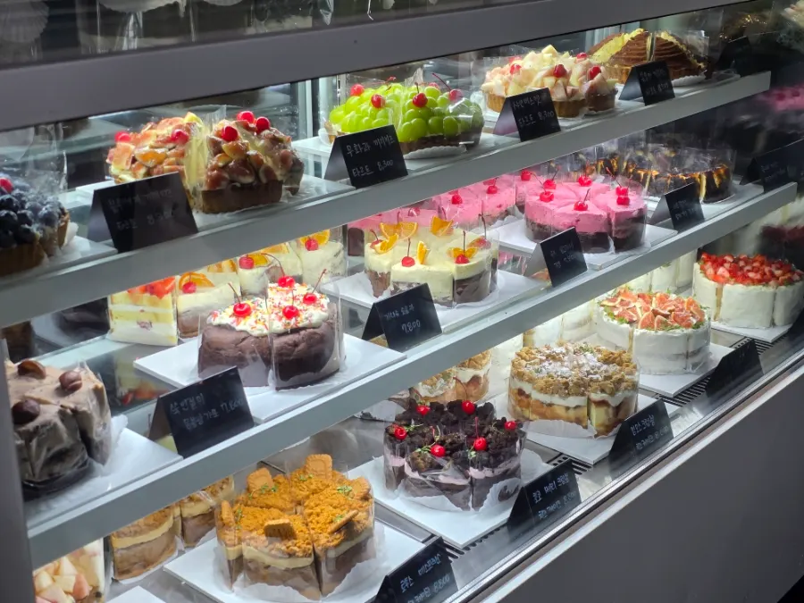 Large dessert showcase at the Deep Dive counter