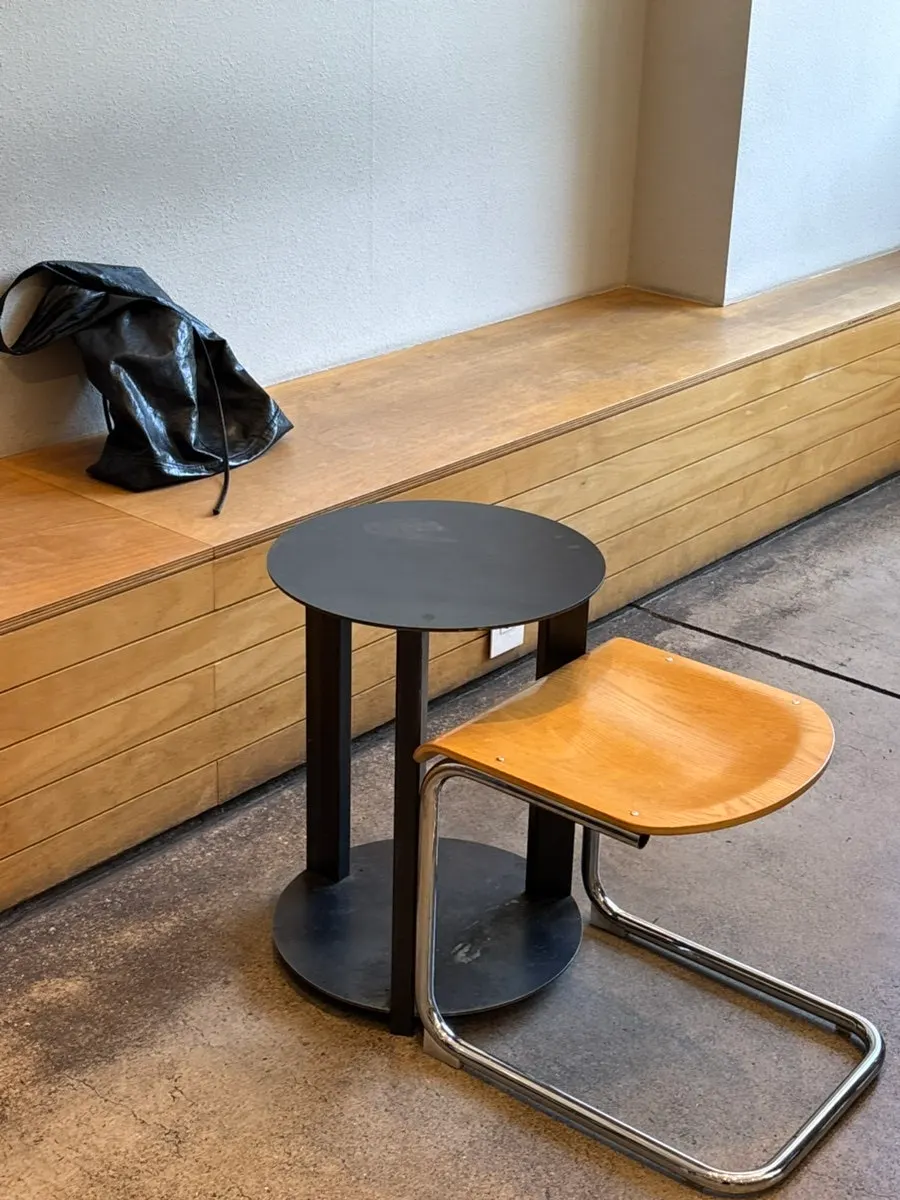 Café seating area with a family group