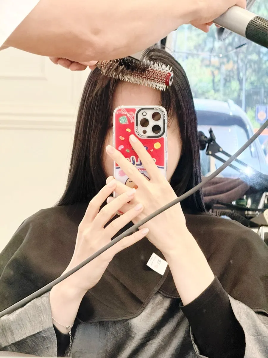 Blow-dry finish with bangs styled as well