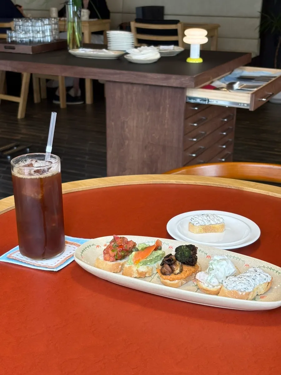Dento's Five Bite-Size Open Sandwiches with iced drip coffee