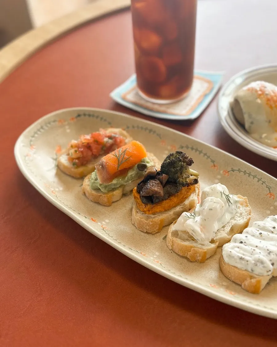 Shrimp rémoulade and truffle ricotta open sandwiches