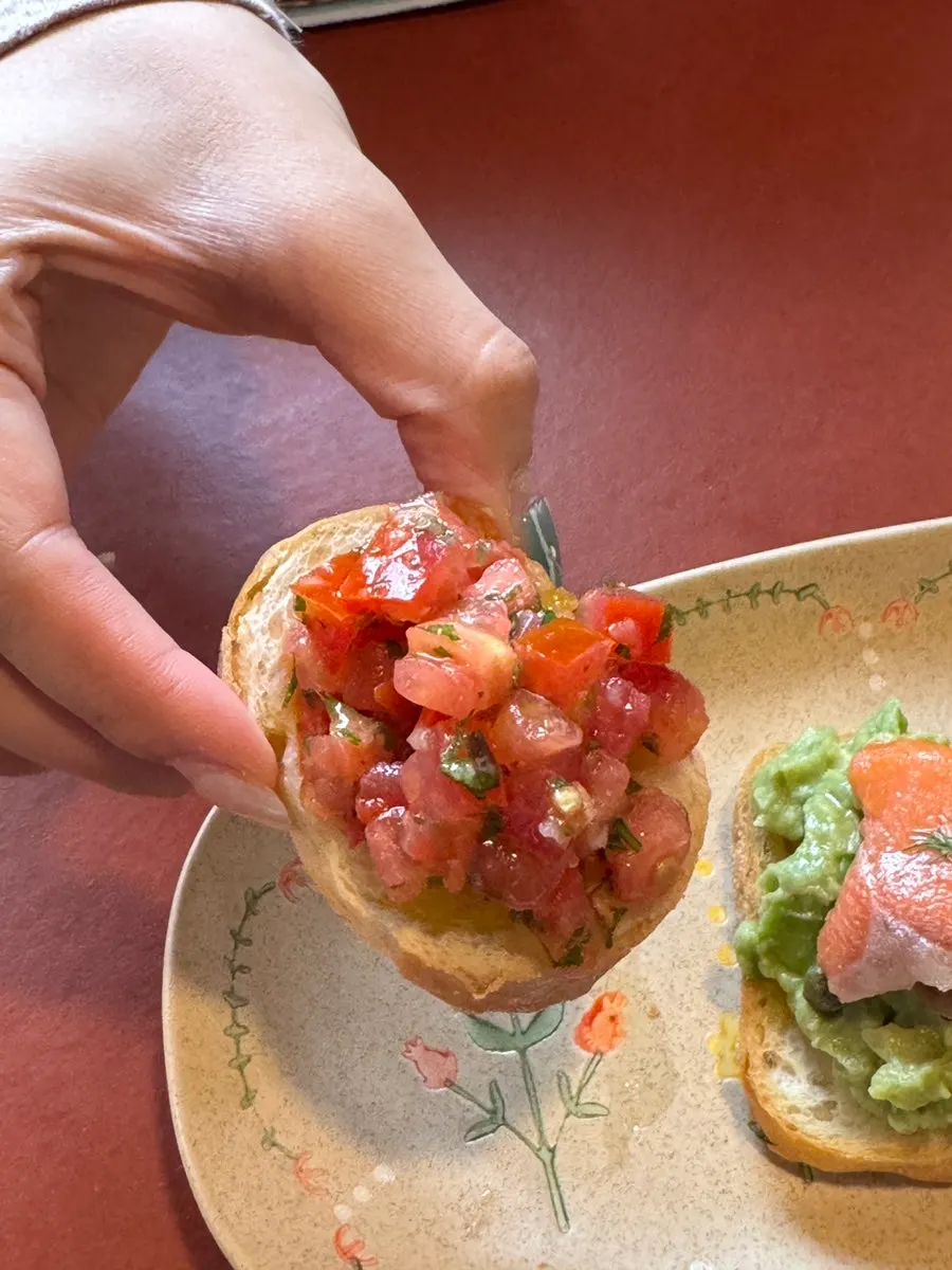 Pan con Tomate topped with tomato and basil