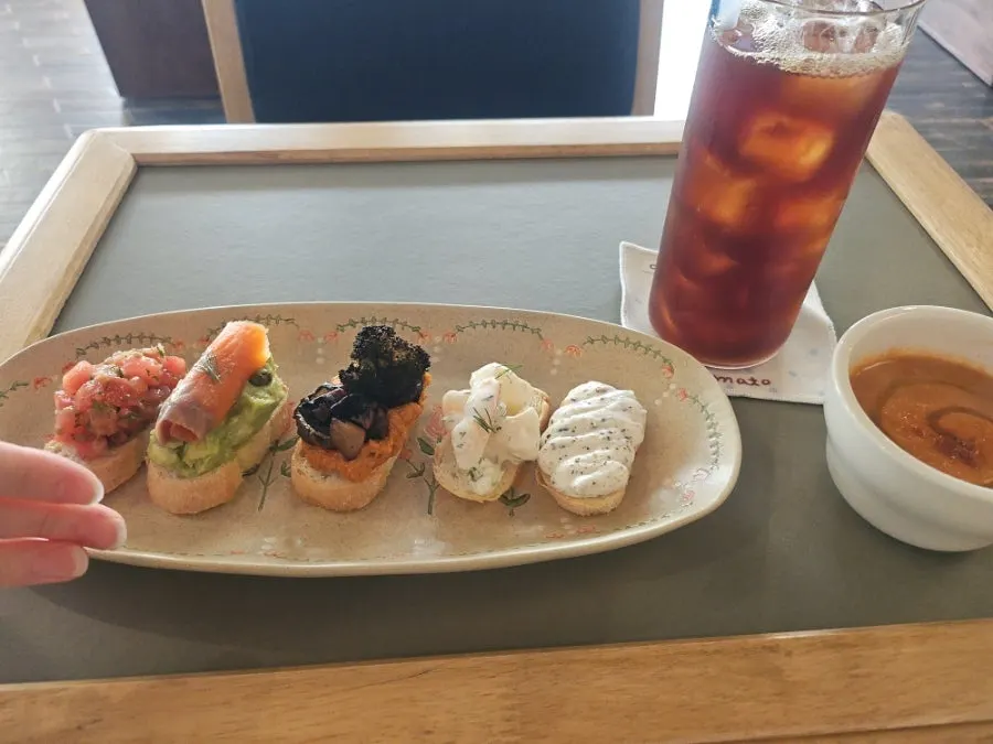 Close-up of bruschetta topped with various ingredients
