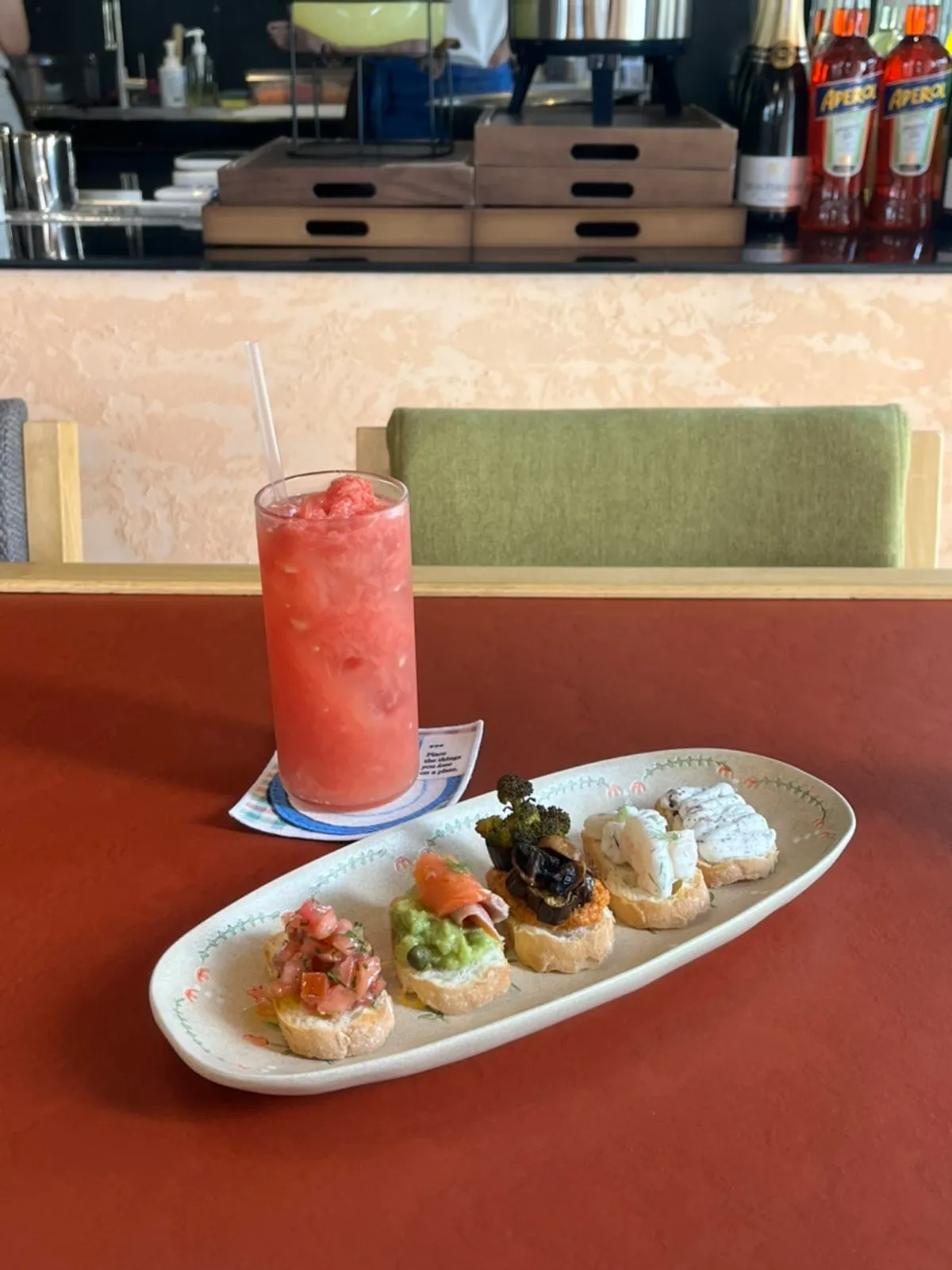 Table setting with Dento's open sandwiches and grapefruit juice