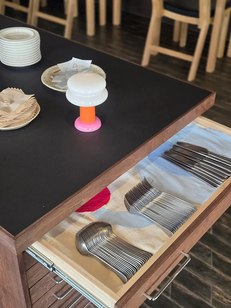 Table setting at Dento seen from a window seat