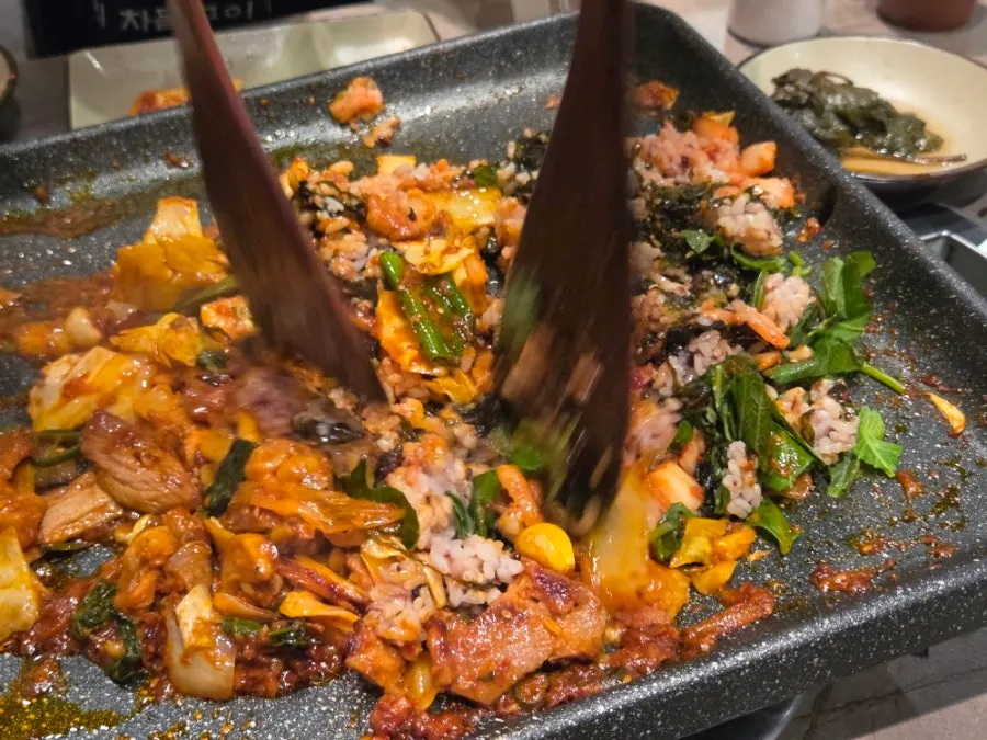 Doenjang jjigae served with the duck stir-fry