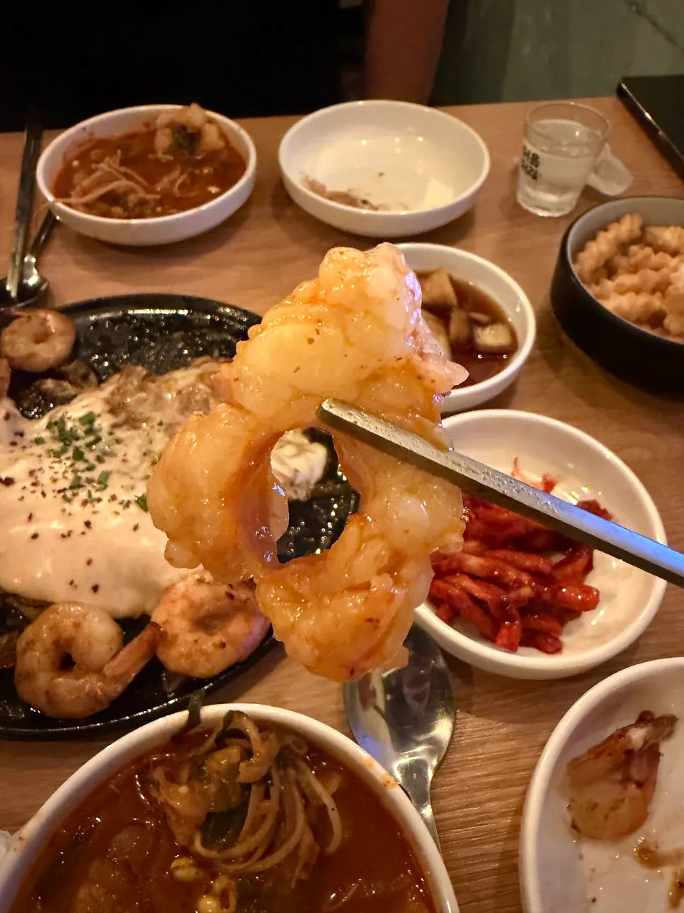 Large intestine and vegetables inside the hot pot