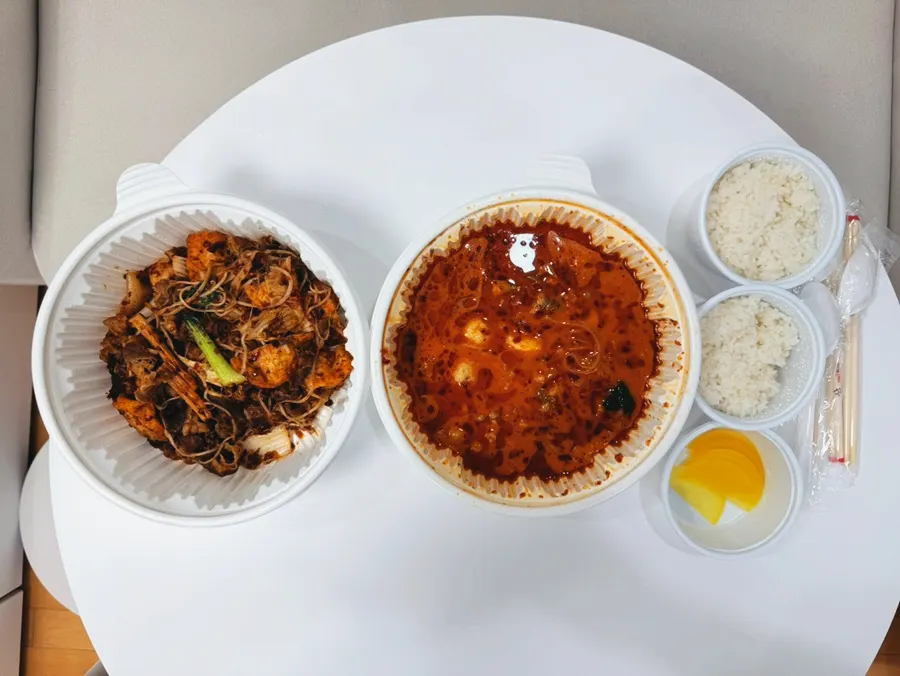Takeout meal with rice and danmuji