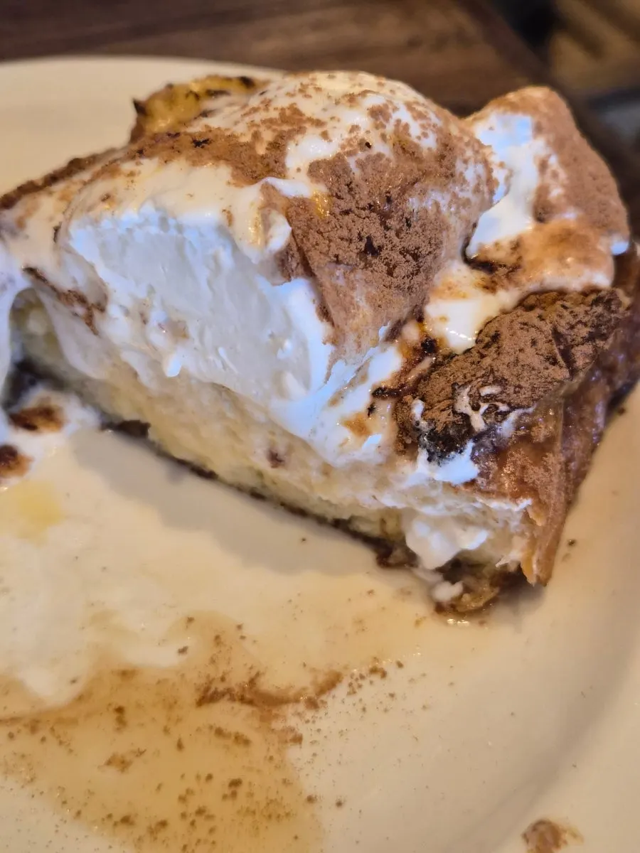Crème brûlée French toast served with coffee