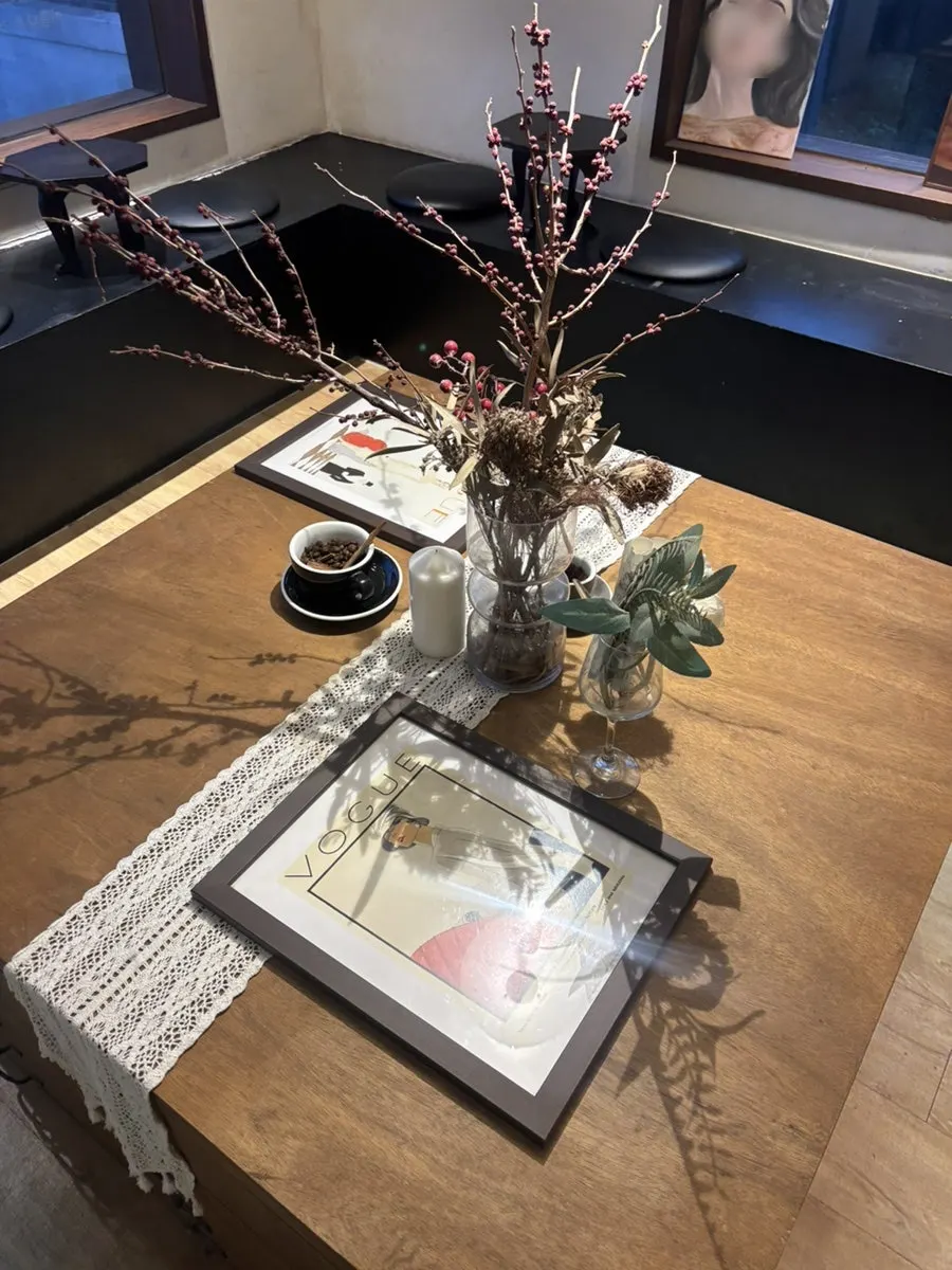 Seating in the wood-toned second room