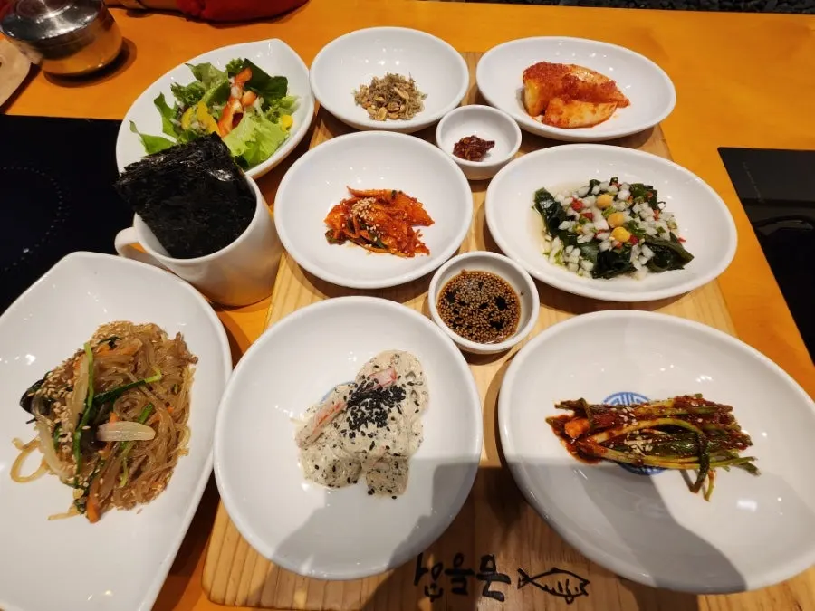 Korean meal spread ordered for three adults