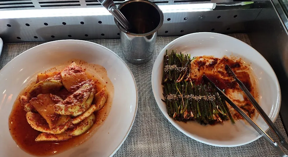 Plate of banchan gathered from the self-serve bar