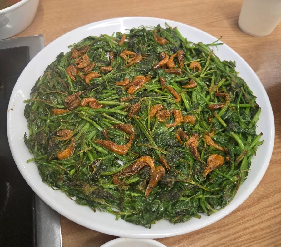 Barley shrimp minari pancake packed edge to edge with minari