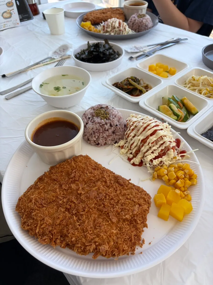 Crispy fried pork cutlet with sides