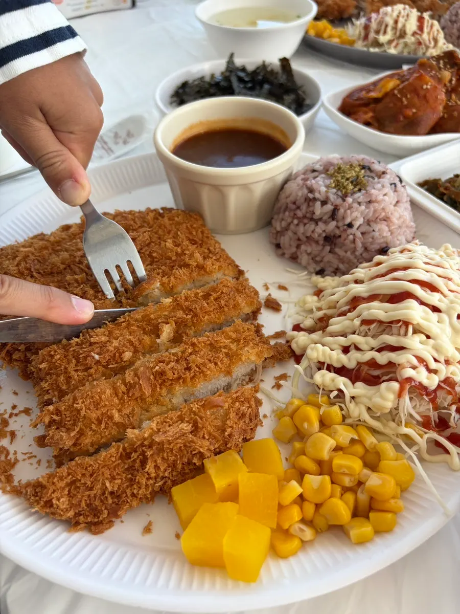 A plate of pork cutlet served with black rice and cabbage salad