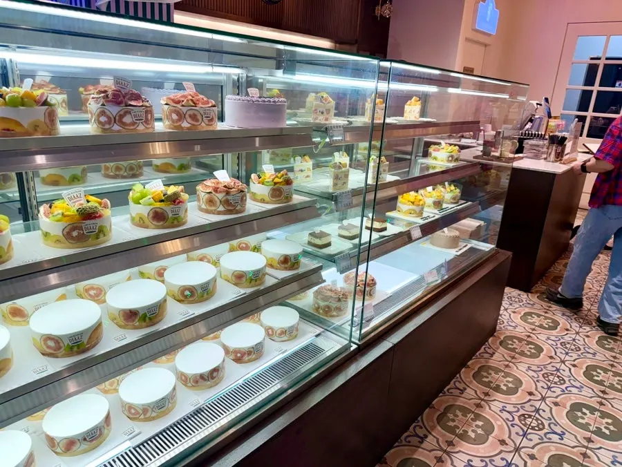 Slice cakes displayed in the showcase