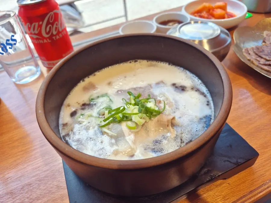 Close-up of meat in the gomtang broth