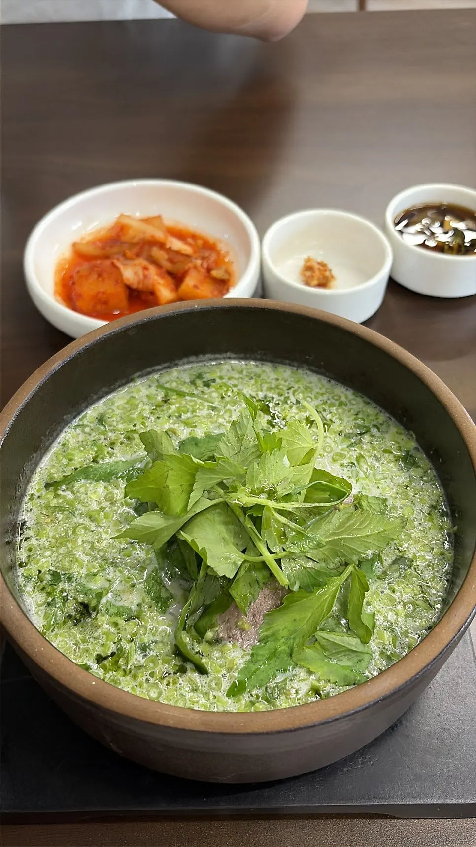 Close-up of gomtang broth mixed with minari