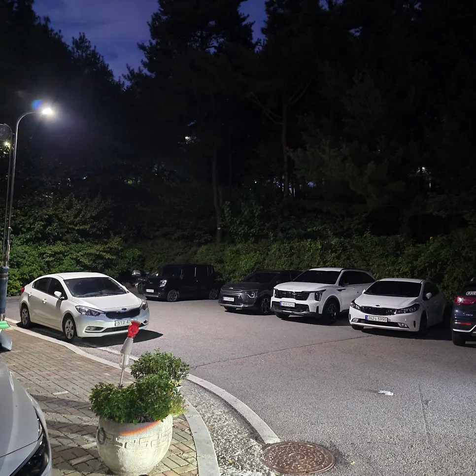 매장 앞 주차 공간과 주변 골목