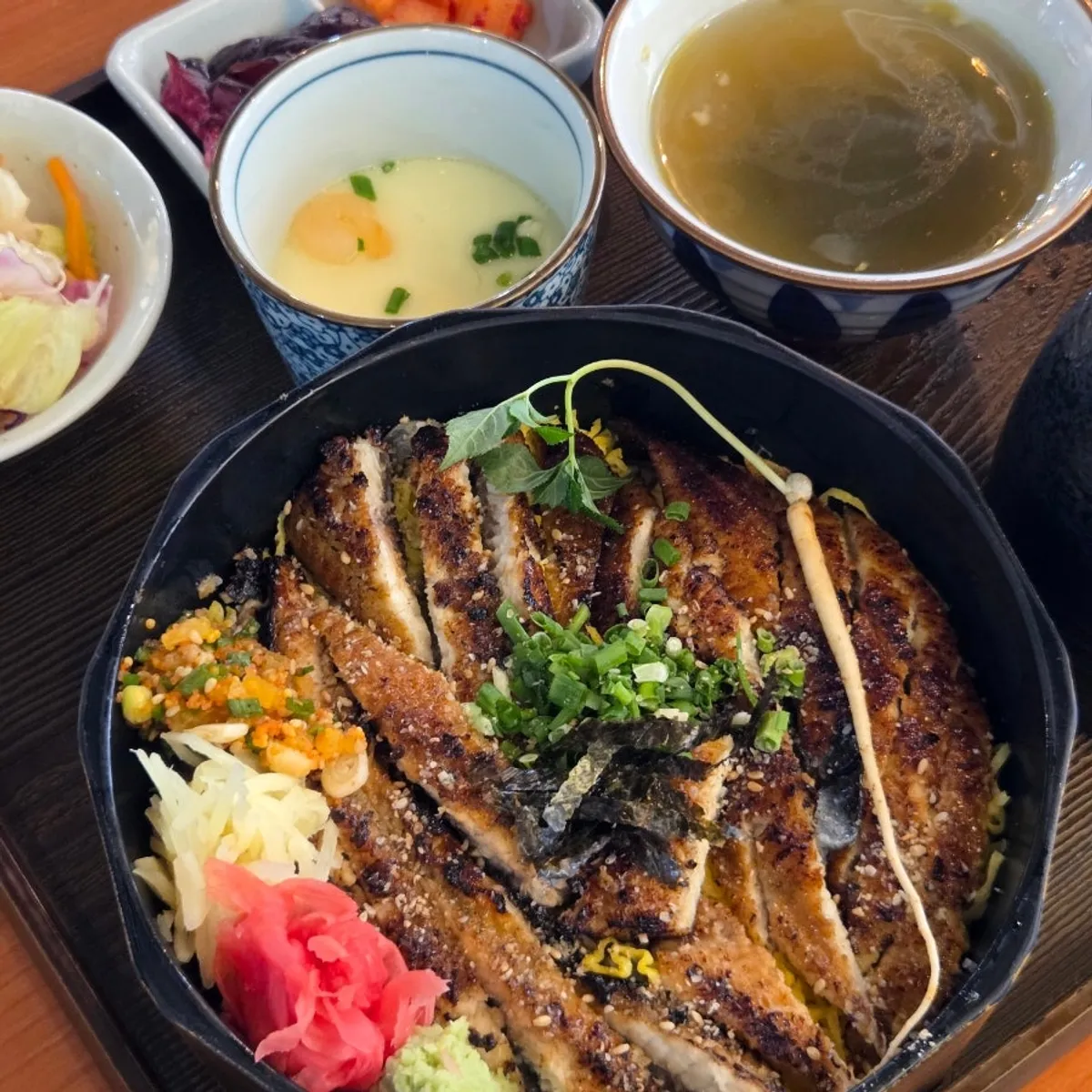 Lunch table set with chawanmushi, soup and side dishes