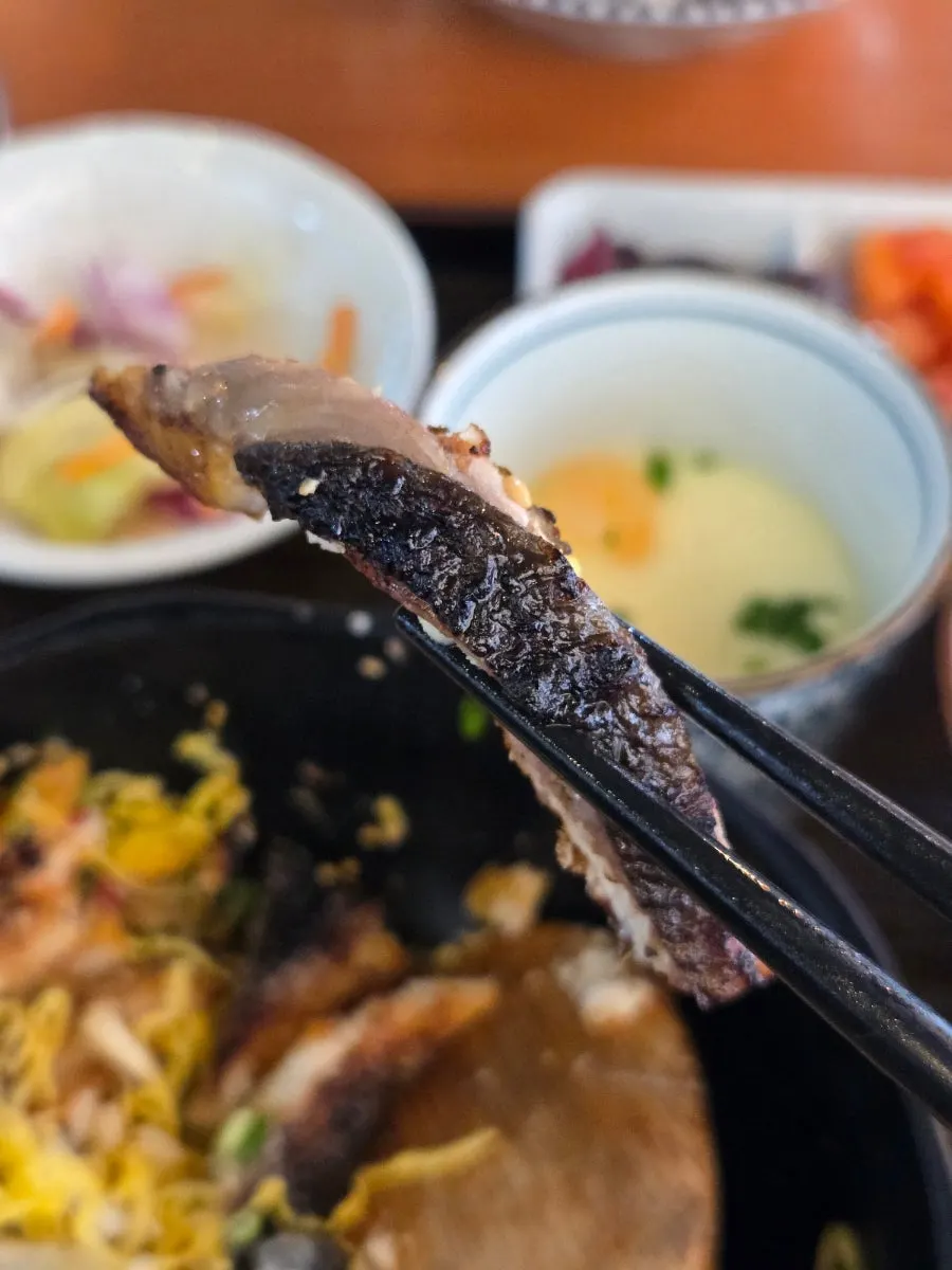 A spoonful of eel rice bowl mixed with ginger on top