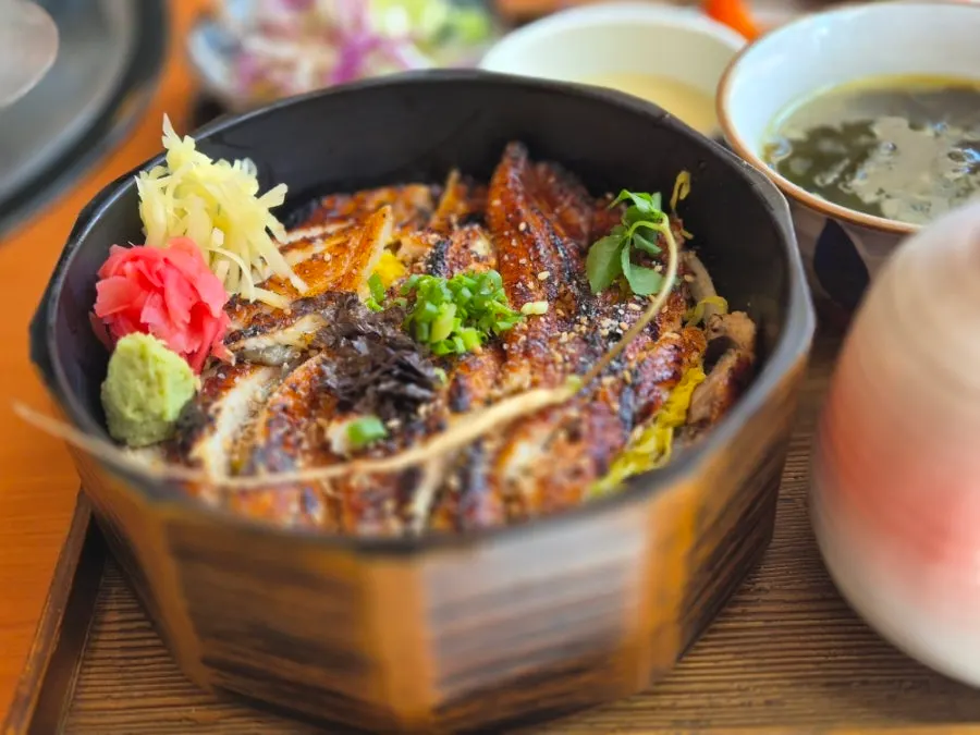 Close-up of the eel rice bowl soaked in taerae sauce