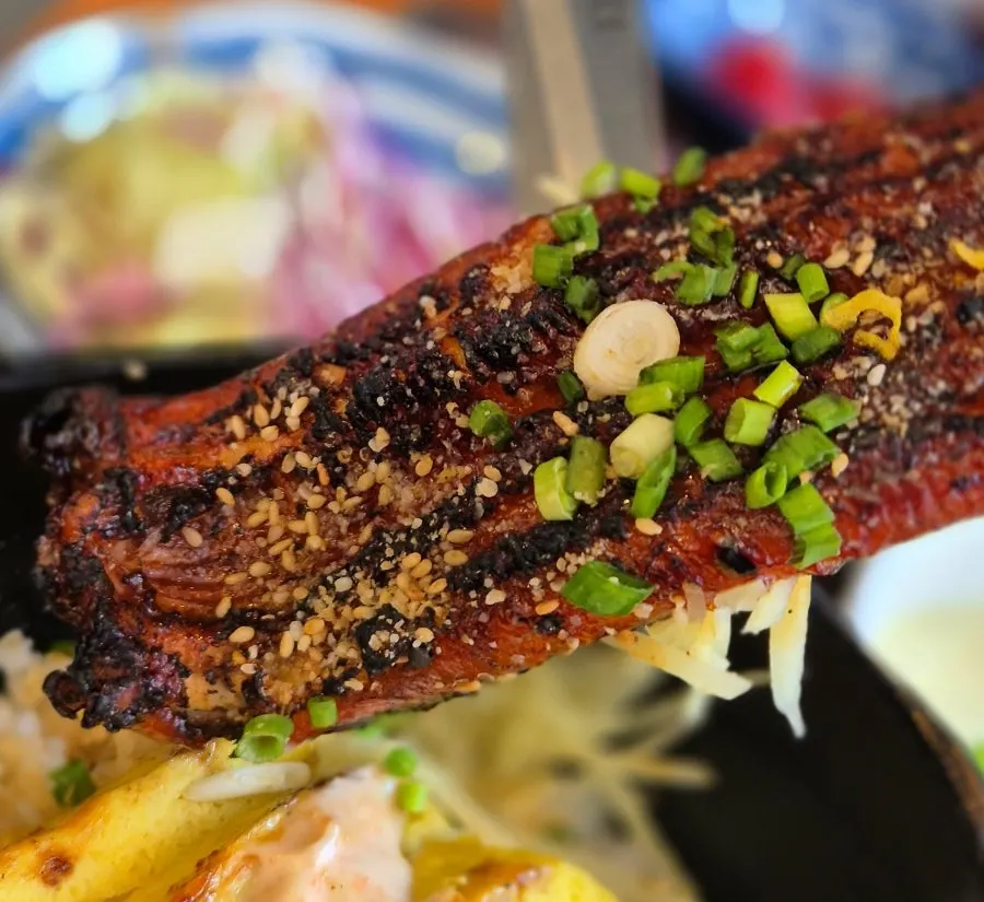 Egg-and-eel rice bowl with eel on top of a rolled egg omelet