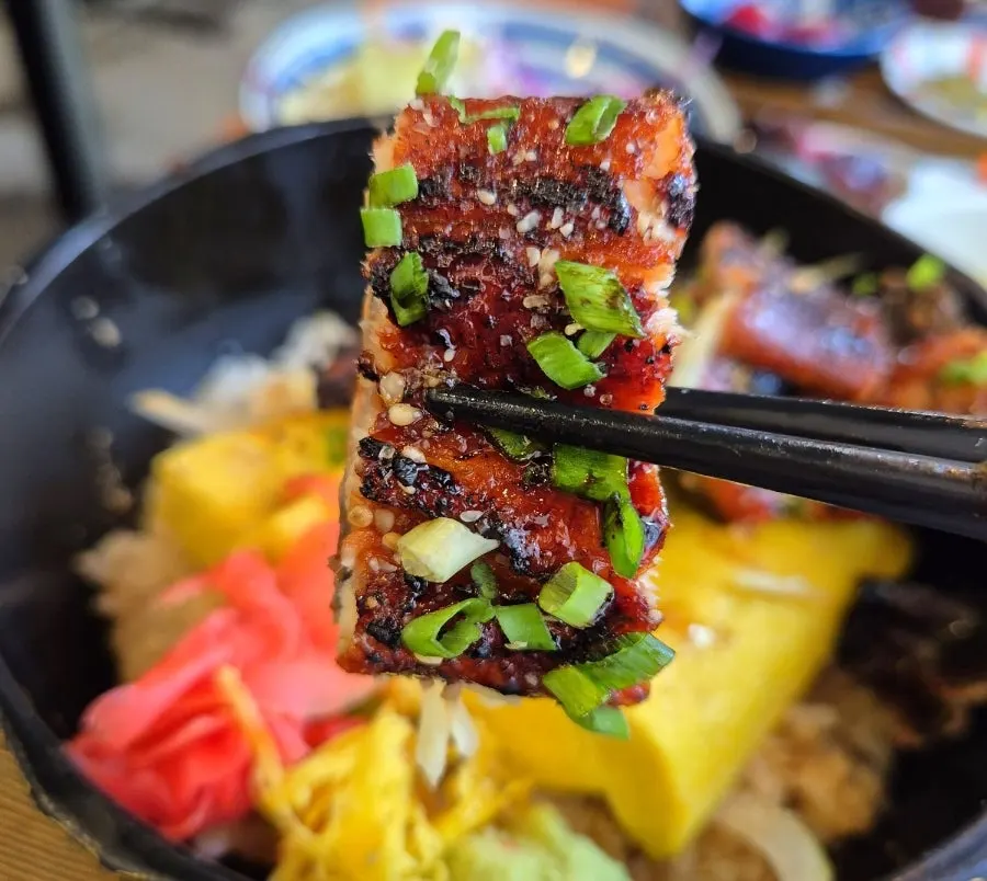 Close-up cross-section of the egg-and-eel rice bowl