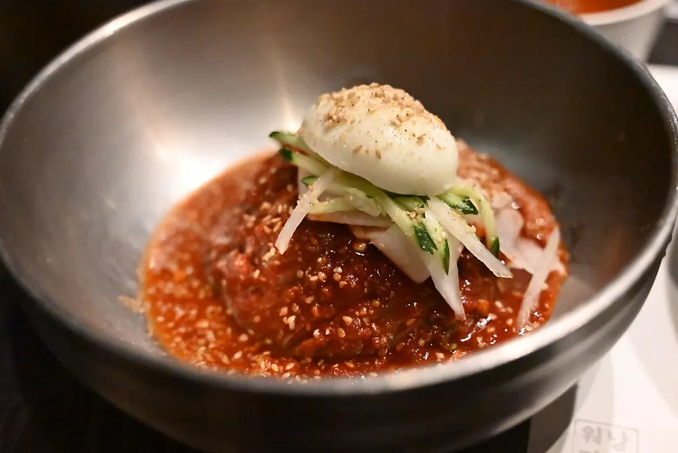 Mild naengmyeon after charcoal-grilled Korean beef