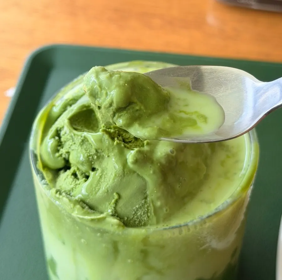 A spoonful of rich matcha ice cream