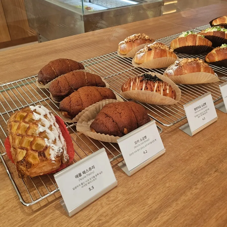 Mocha salt bread and pollack roe mayo salt bread on display