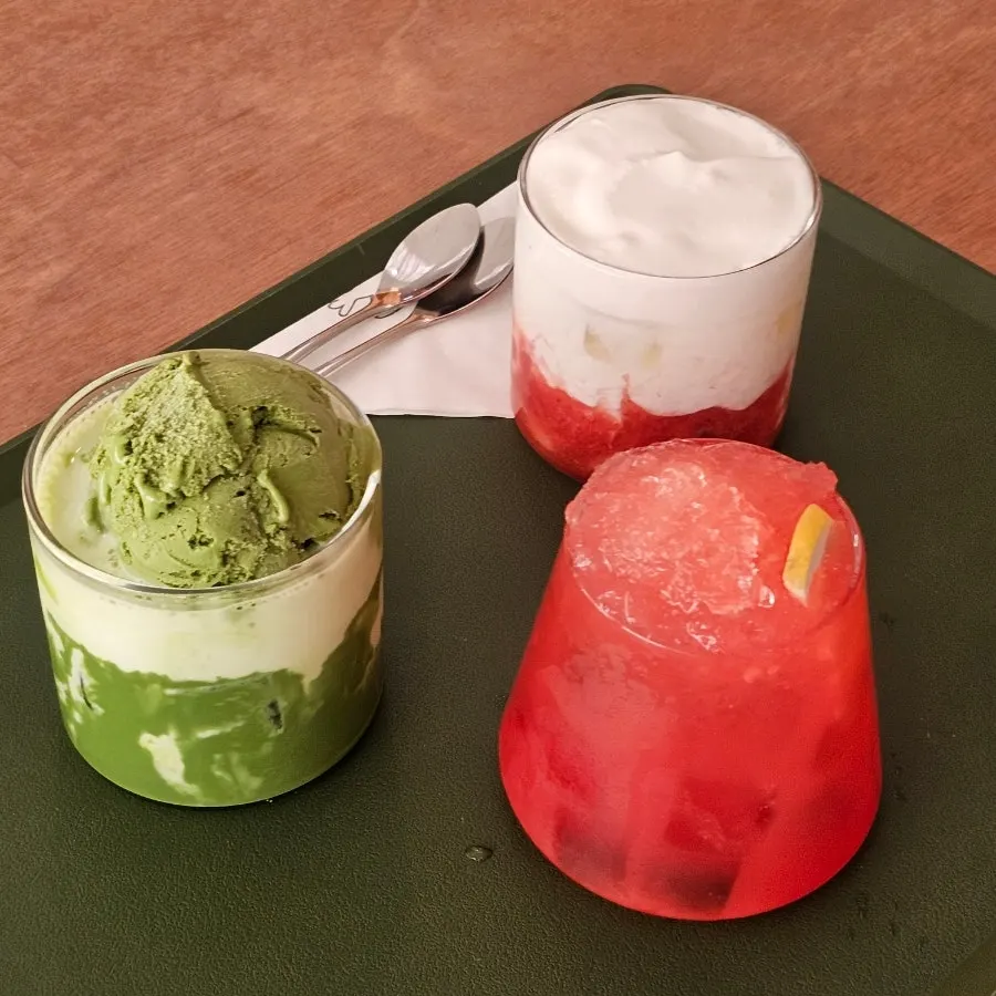 Matcha oreum drink topped with ice cream