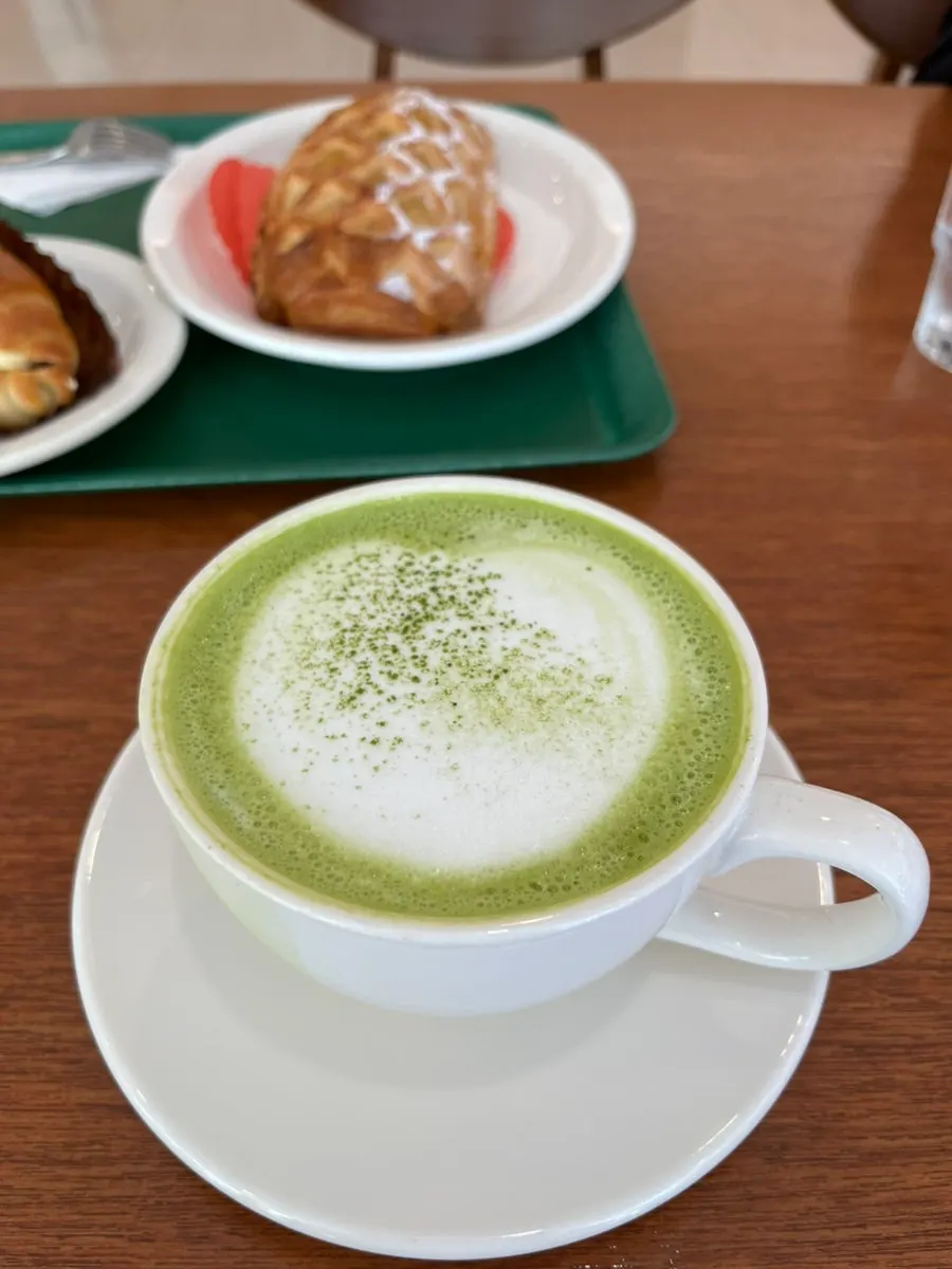 Dobana matcha latte, apple pastry, and red bean butter salt bread
