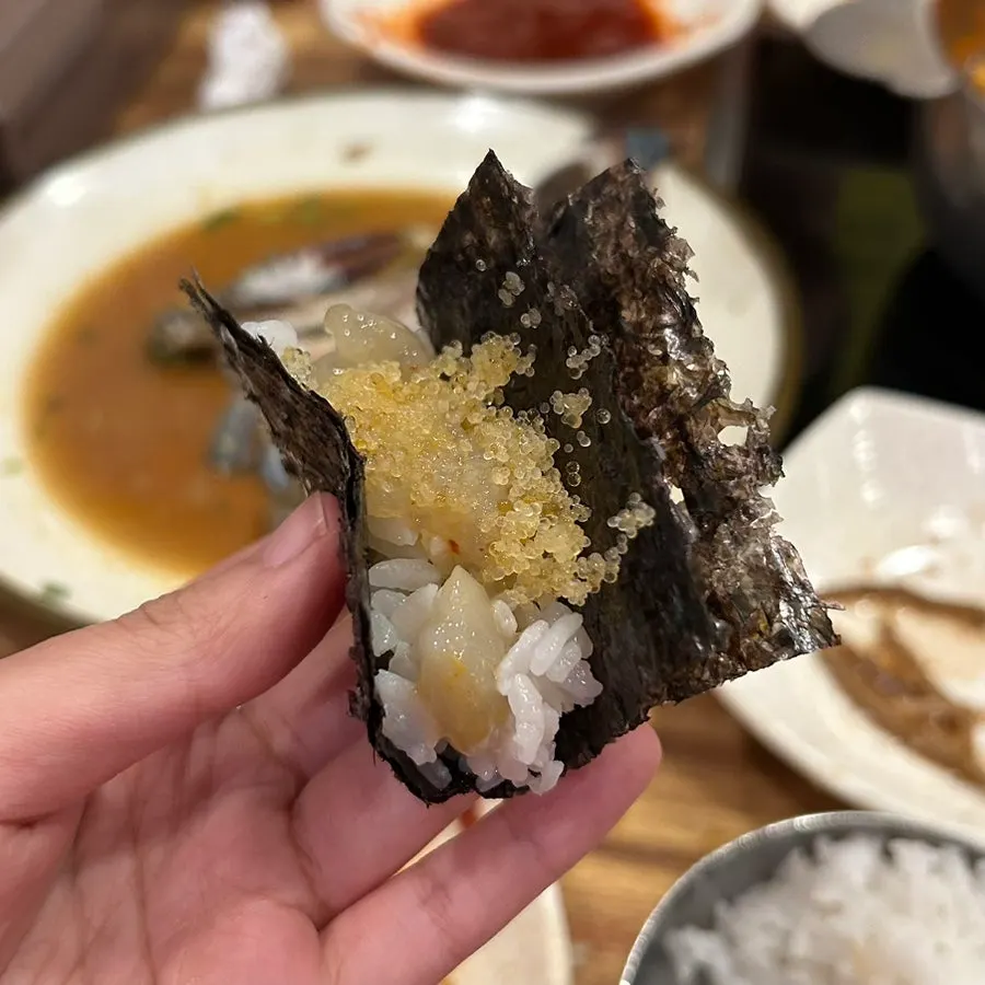 Soy crab meat and flying fish roe on gim