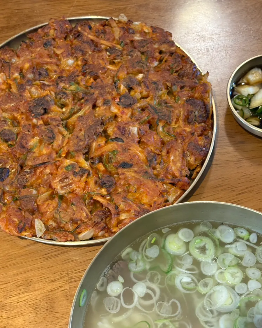 Meat kimchi pancake ordered as a side at Doonjeong