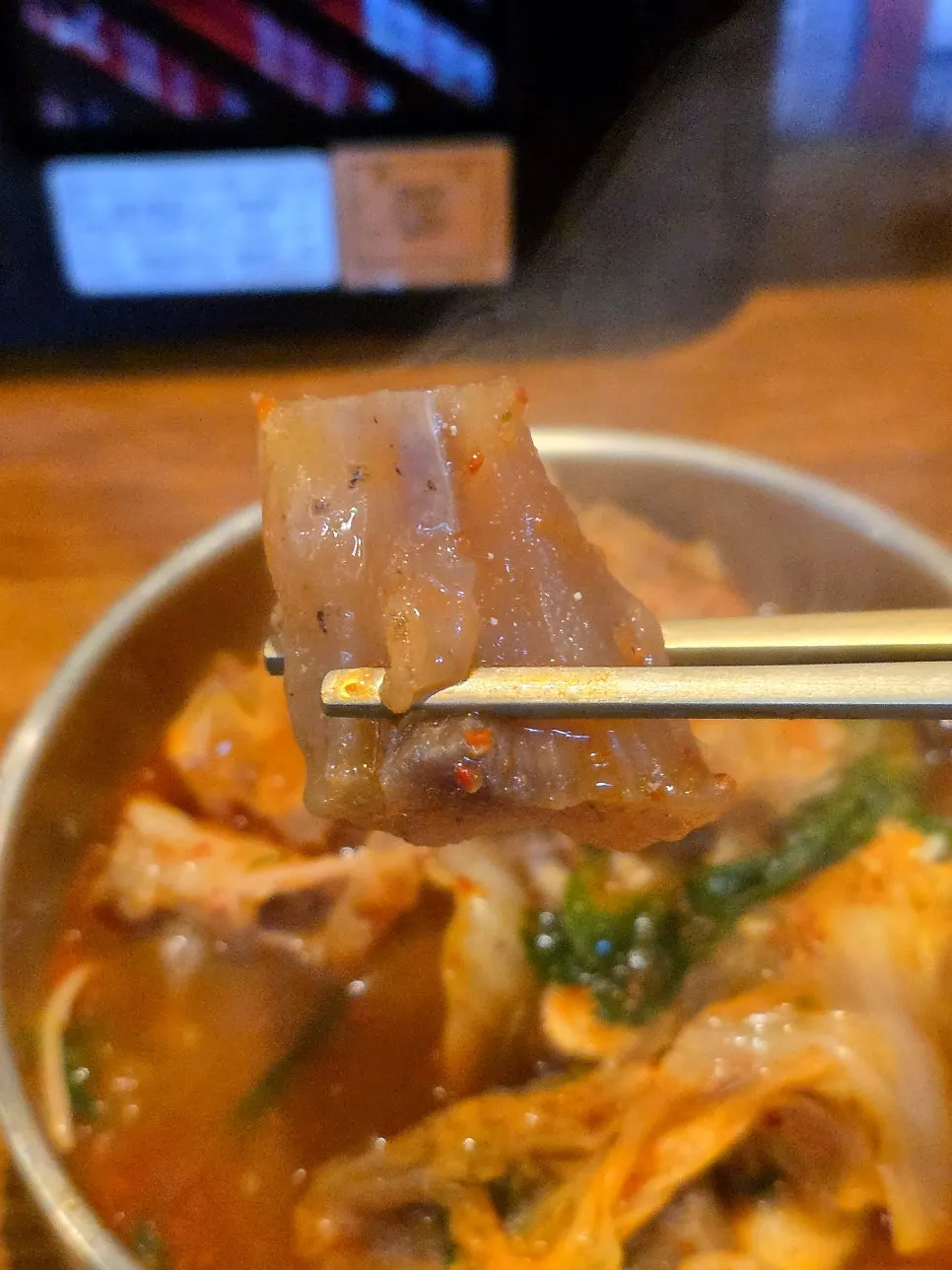 Close-up of hanwoo tripe packed with fat