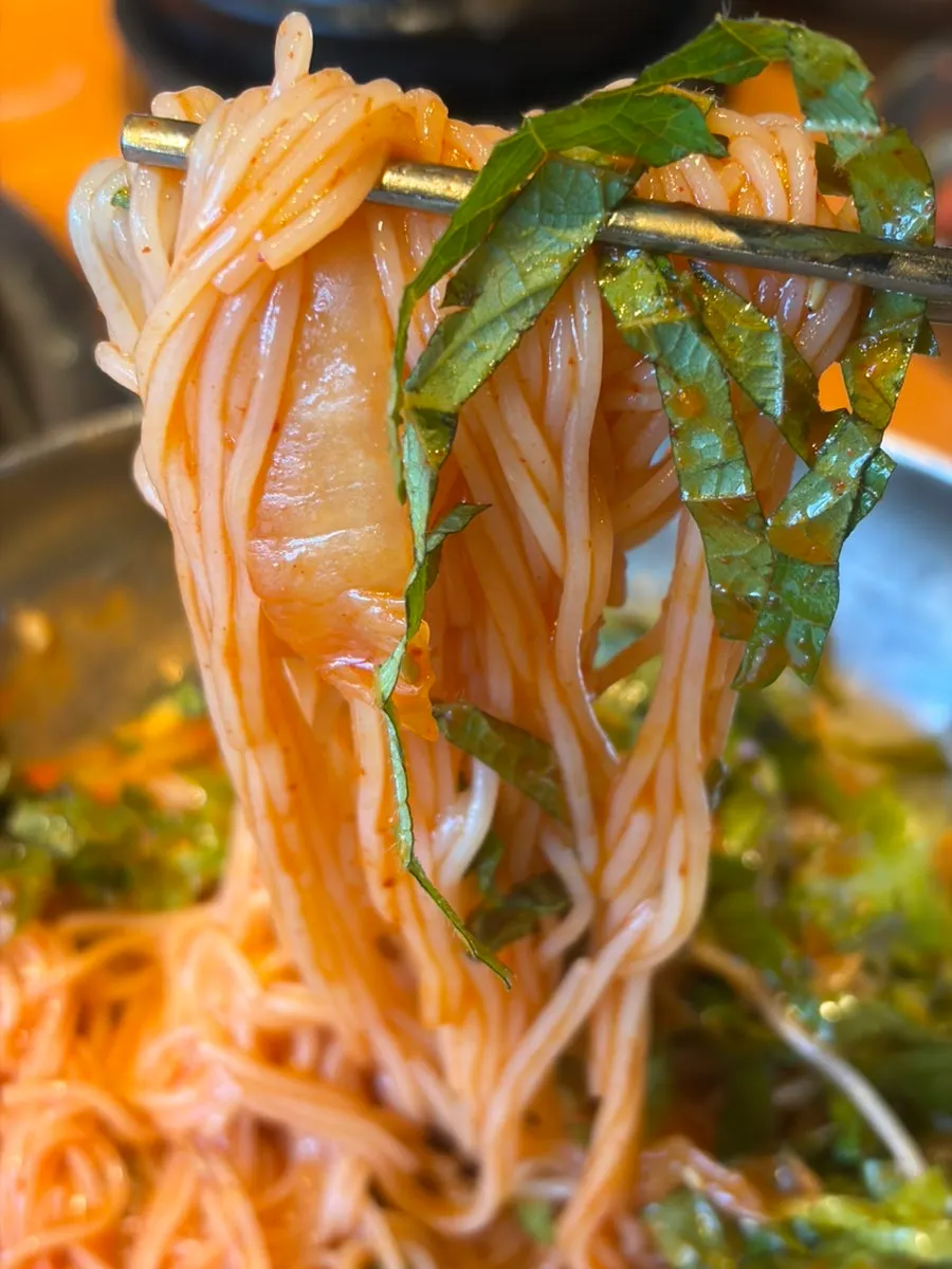 Close-up of the generous bibim guksu portion
