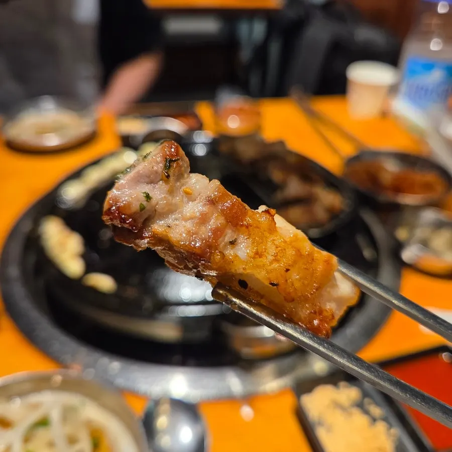 콩가루와 매운양념소스를 곁들인 고기 한 점