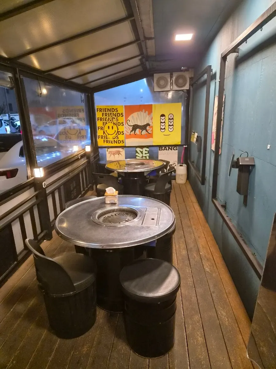 Three outdoor tables lined up side by side