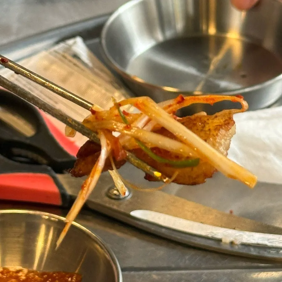 Grilled meat topped with shredded scallions