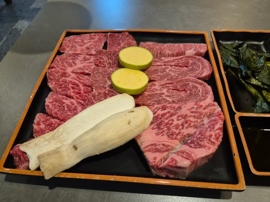 Raw hanwoo beef ready for grilling at Ddeum Sukseong Hanwoo No.9