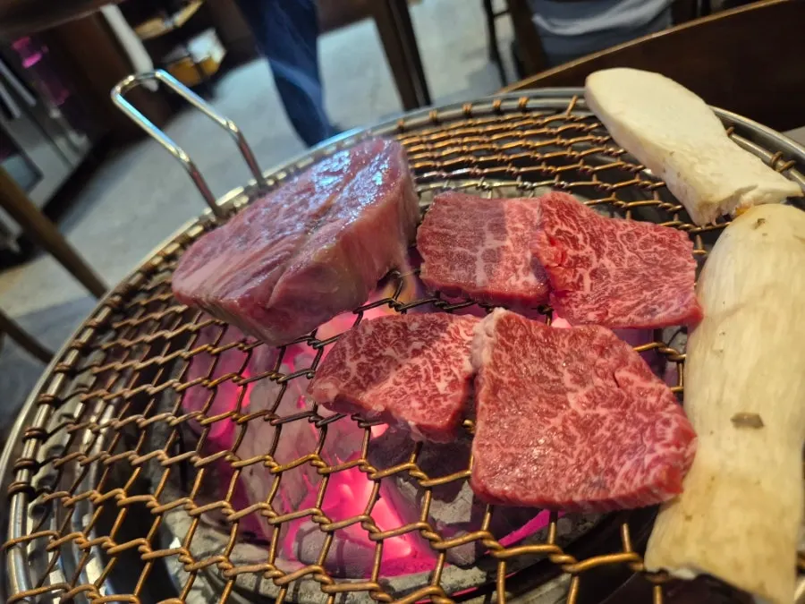 1++ grade hanwoo grilling over charcoal