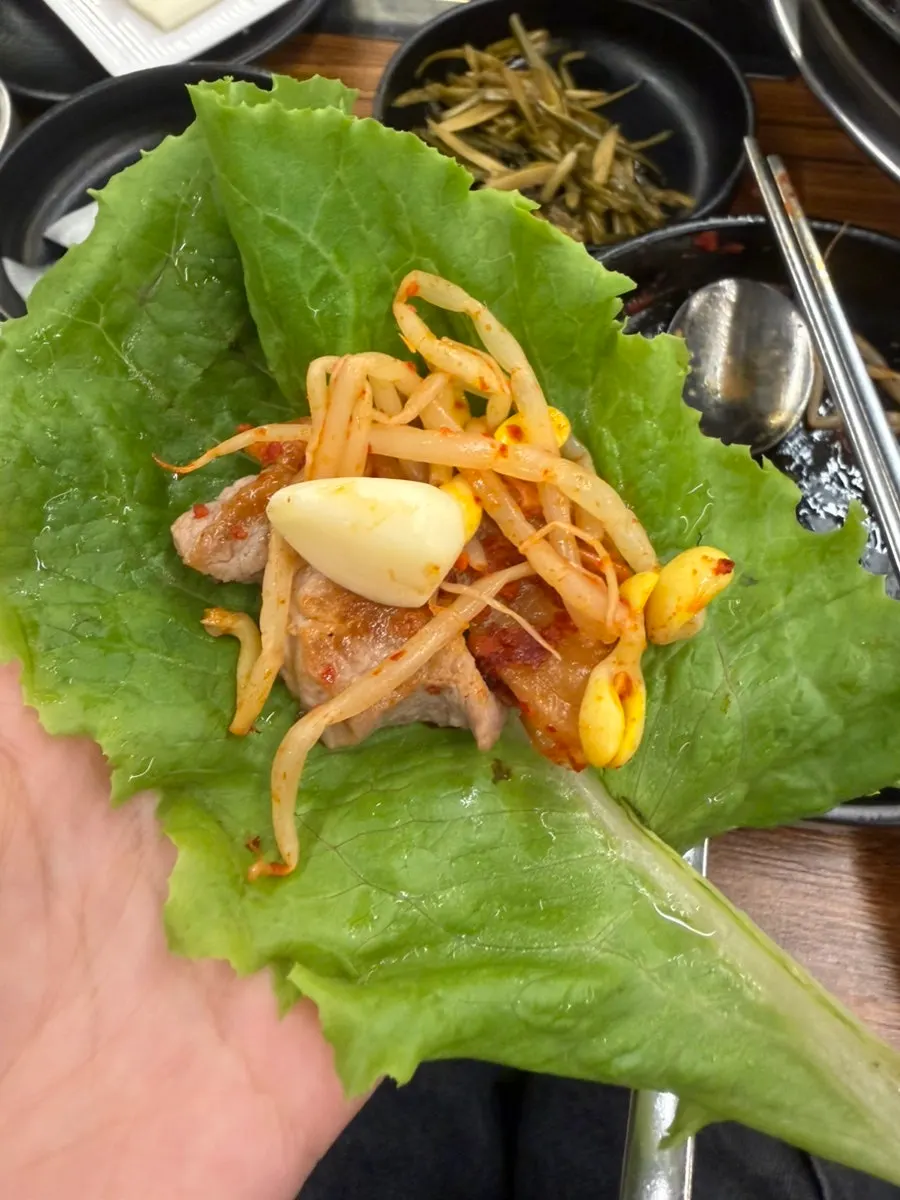 감자 치즈 파김치 삼겹살 조합