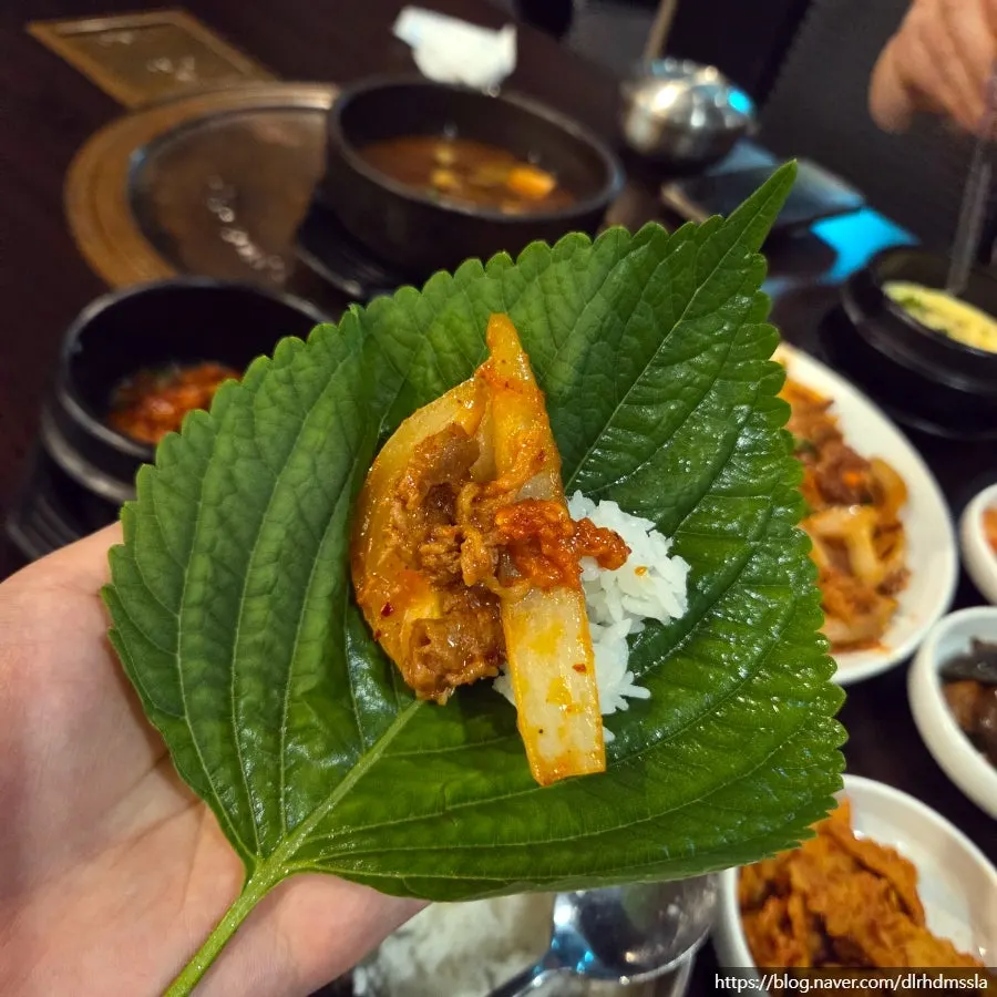 Pork stir-fry piled onto a wrap vegetable