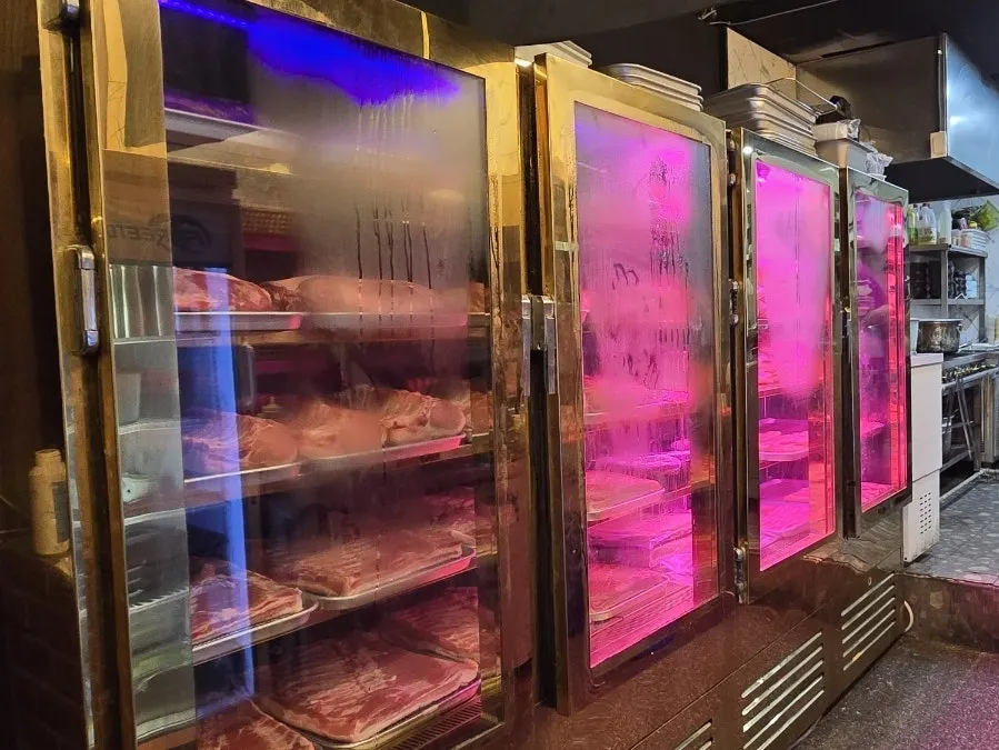 Interior of the aging chamber with meat visible