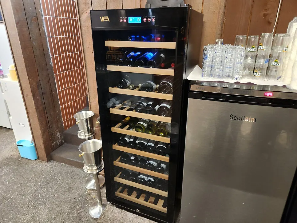 Wine cellar set up on one side of the restaurant