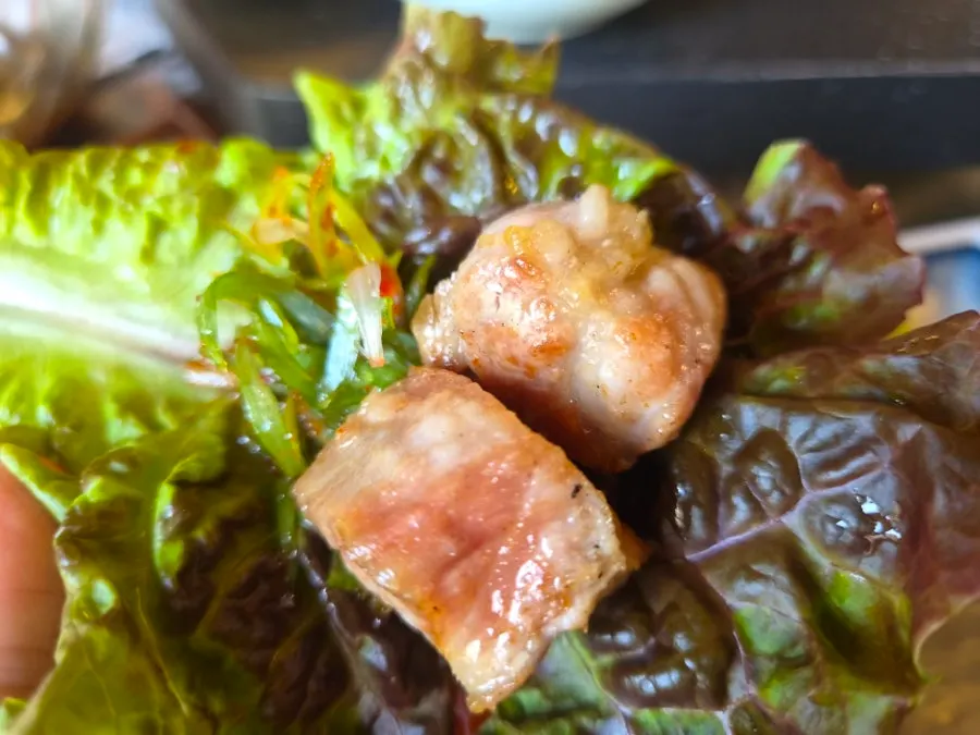 Grilled 480-hour aged pork shoulder with juices visible