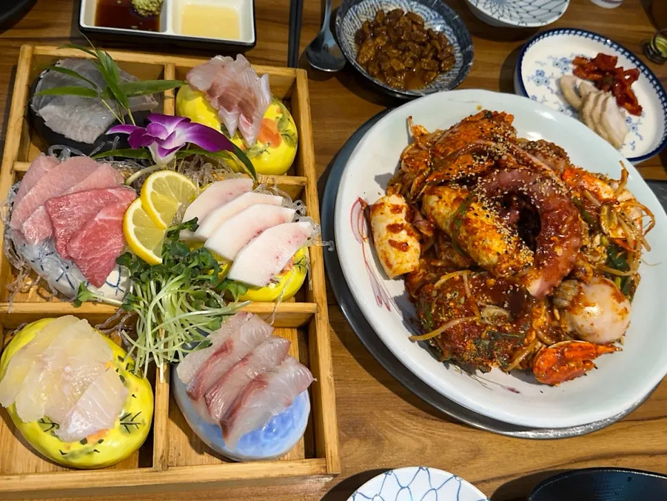 Seafood stew loaded with octopus, crab, and small octopus