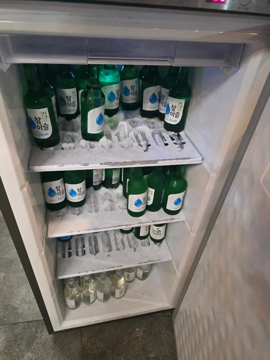 Frozen soju bottles inside the soju freezer