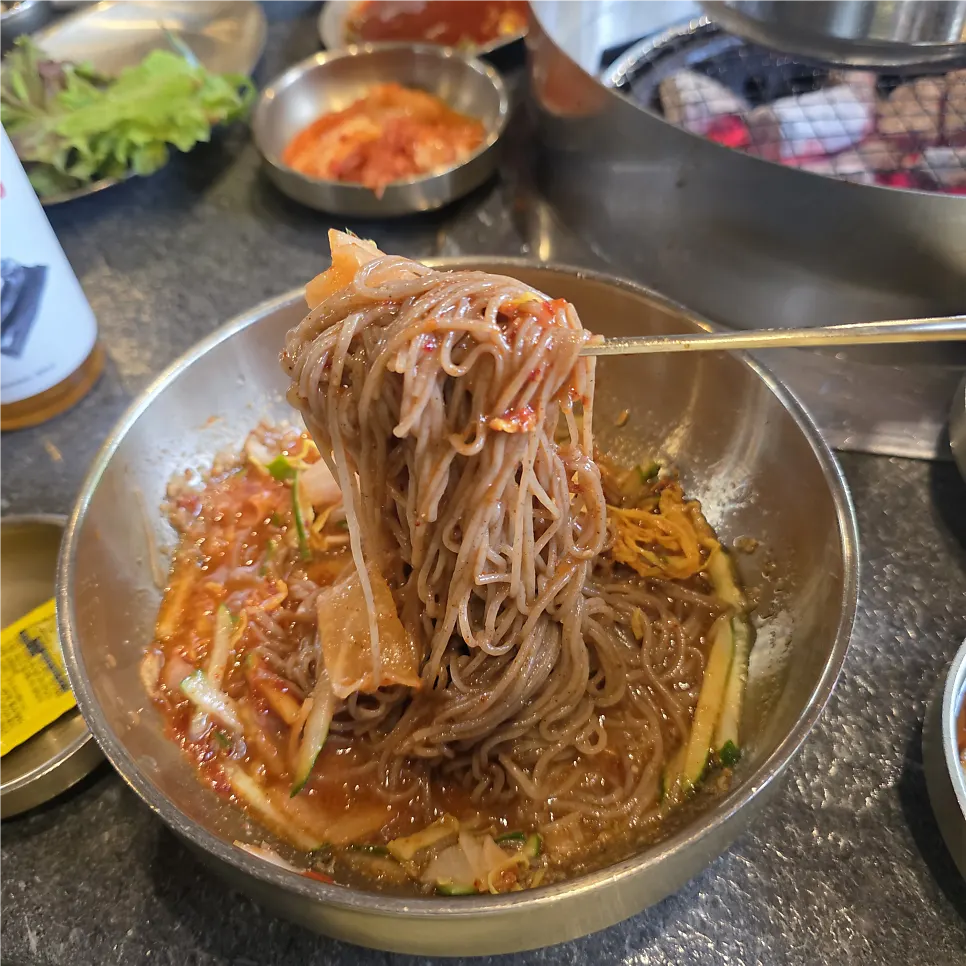 직접 뽑은 면을 쓴 물 메밀냉면 한 그릇